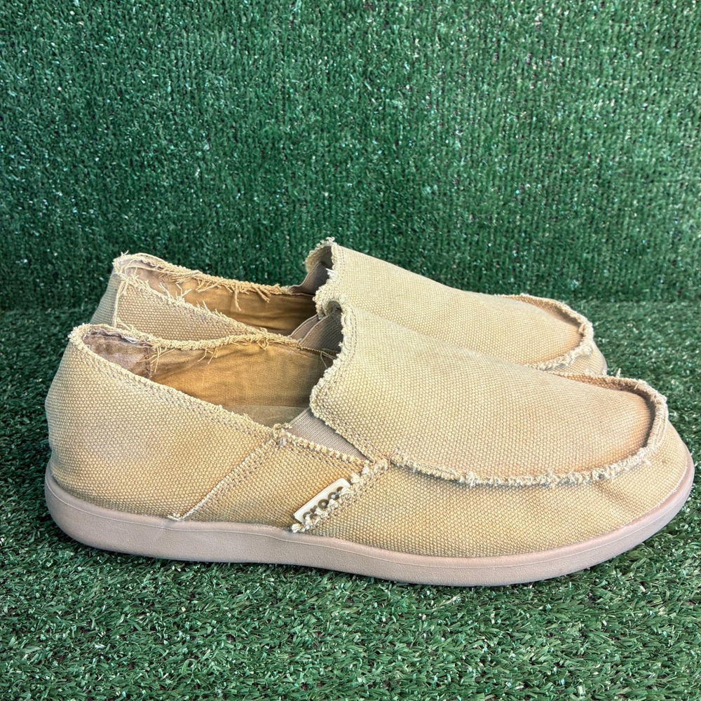 Crocs Santa Cruz Frayed Canvas Slip On Loafer Casual Beach Shoe Khaki Mens Sz 12